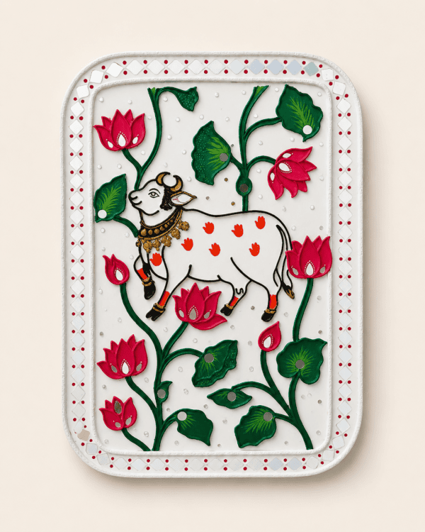 Handcrafted Sacred Cow & Lotus Lipan Art Wall Decor