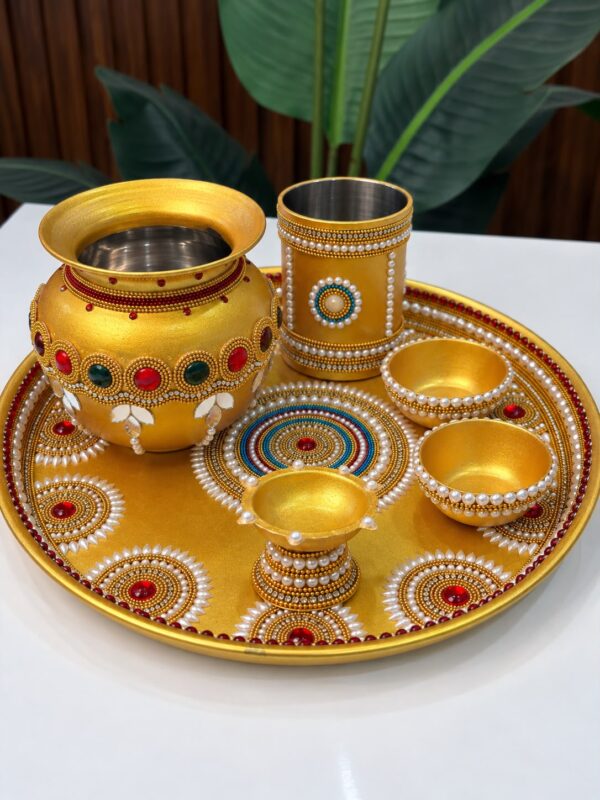 Handcrafted Designer Pooja Thali Set – Gold & Pearl Embellished